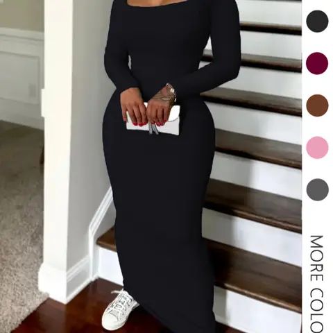 Women's Solid Scoop Neck Ribbed Knit Bodycon Dress, Chic Casual Long Sleeve Long Dress for Fall & Winter, Women's Clothing for Daily Wear, Knit Fabric Dress