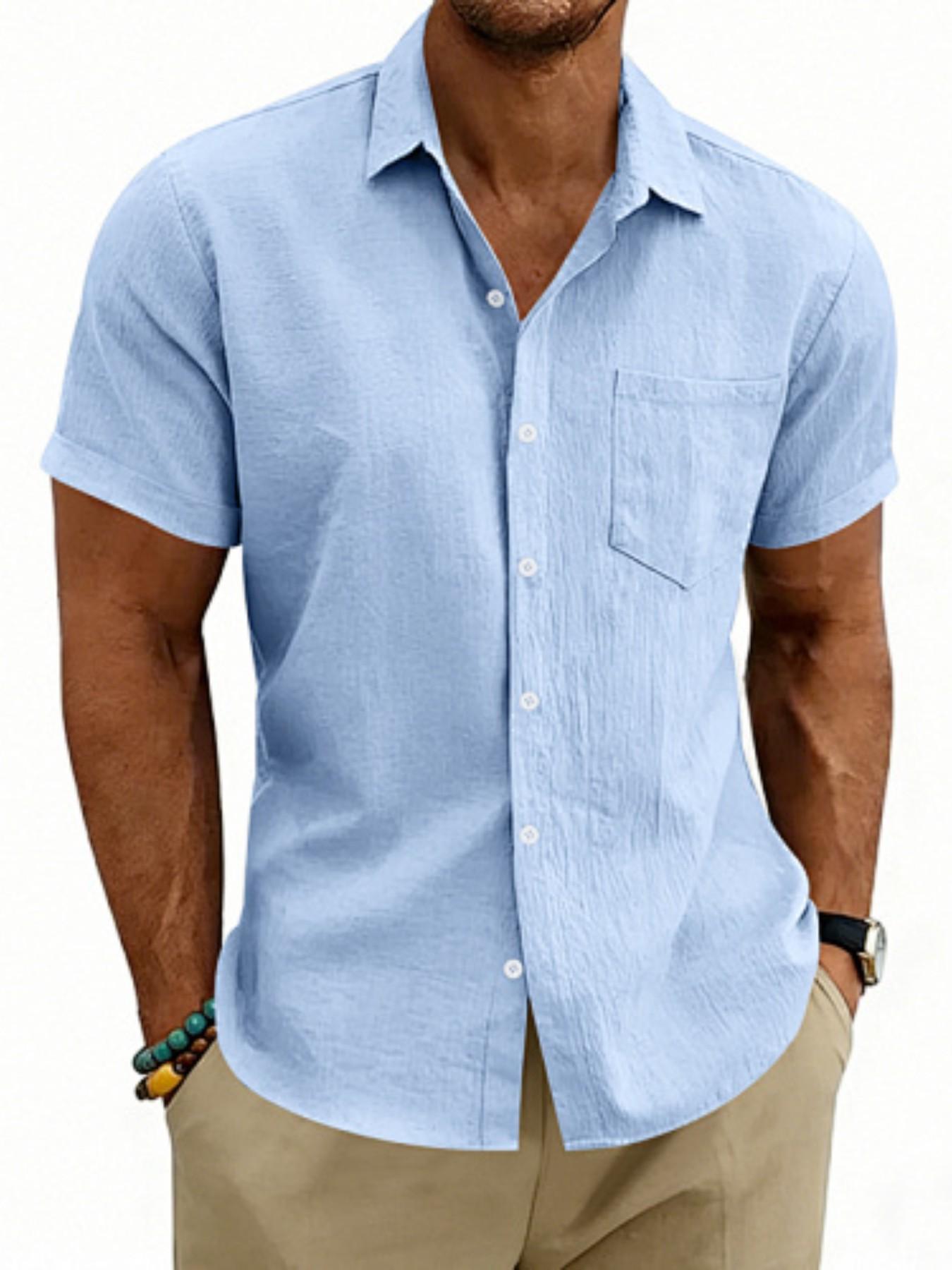 Men's Hawaiian-style linen loose-fit semi-high-neck short-sleeved top, designed for casual daily wear with comfortable and breathable fabric
