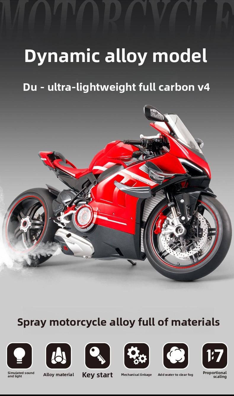 Dynamic alloy motorcycle model, 1:7 Scale ultra-light all-carbon V4, featuring realistic sound and light effects + key start, mechanical linkage design, water spray effect, abundant alloy material construction, suitable for both collection and playing.