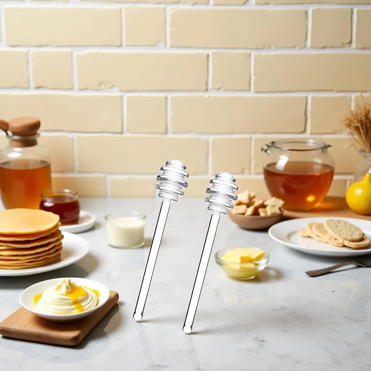 2Pcs 6" Transparent Glass Honey Dipper Stirrer Wands for Honey Pot Jar Containers Honey Dispense Drizzle Clear Flatware