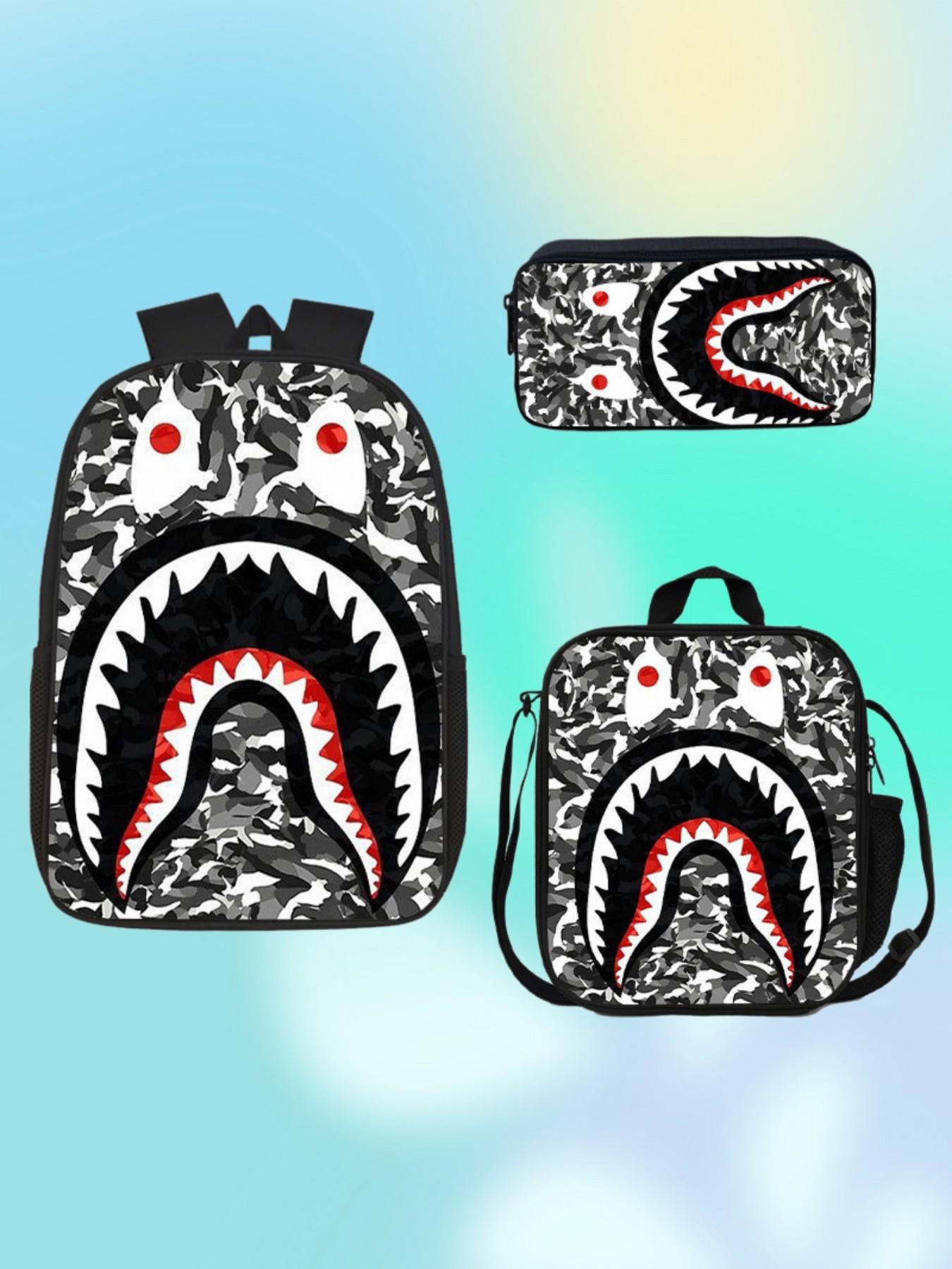 Shark Mouth Backpack Set, Camouflage Student School Bag, Large Capacity Campus Backpack for Boys and Girls, 3-Piece Set
