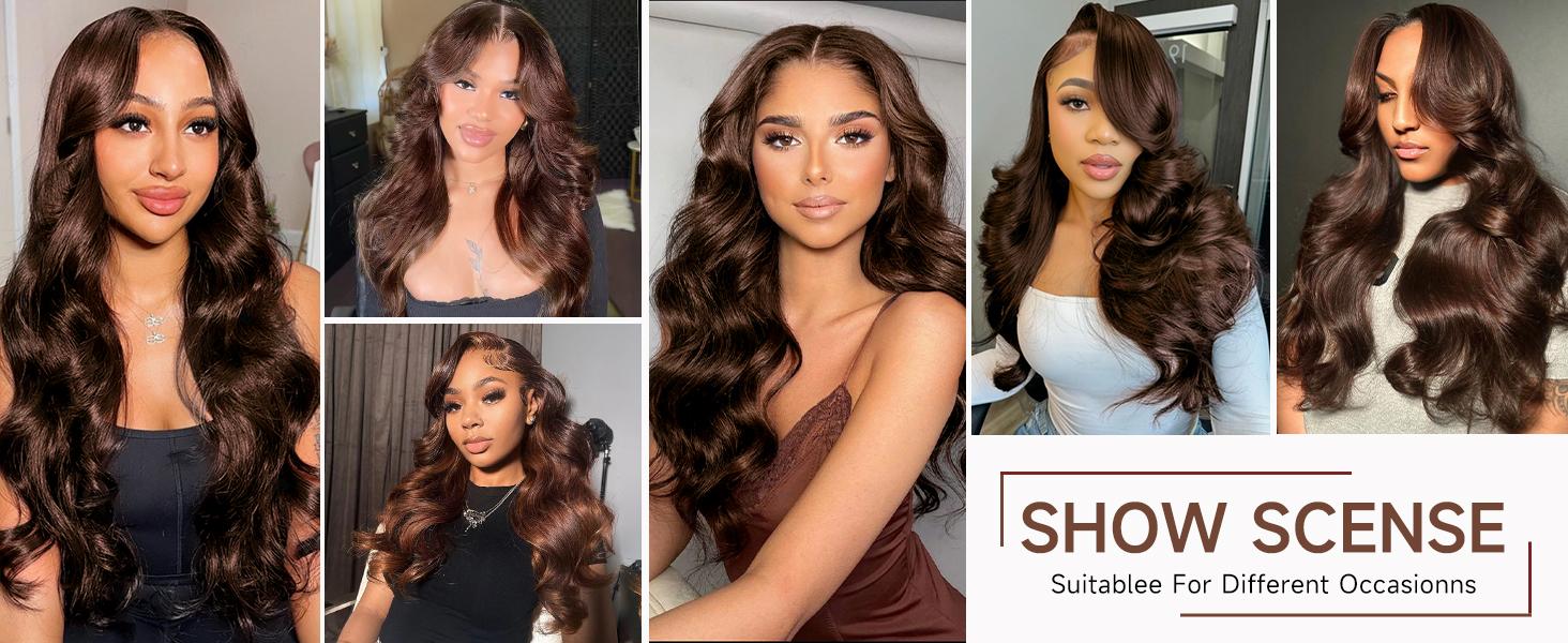 200% Density Chocolate Brown Human Hair Wigs 13x4 Body Wave Lace Front Wig Pre Plucked Chestnut Brown Colored Wigs Blended Hair For Women Light Brown HD Transparent Lace Front Wig