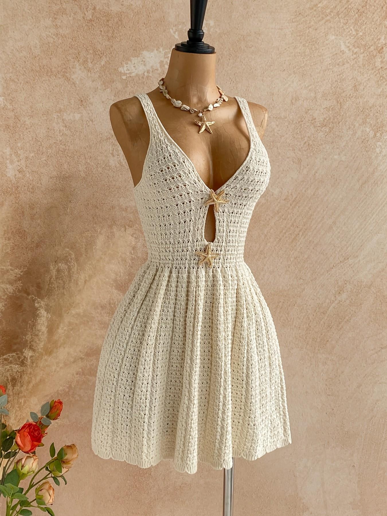 Dreamy Cream Color Breathable Crochet Knit Mini Dress, Deep V Neck, Hollow Out Details, Starfish Decoration, Bohemian Boho Style, Perfect for Beach Vacation - TikTok Shop Dreamy Cream Color Breathable Crochet Knit Mini Dress, Deep V Neck, Hollow Out Details, Starfish Decoration, Bohemian Boho Style, Perfect for Beach Vacation - TikTok Shop