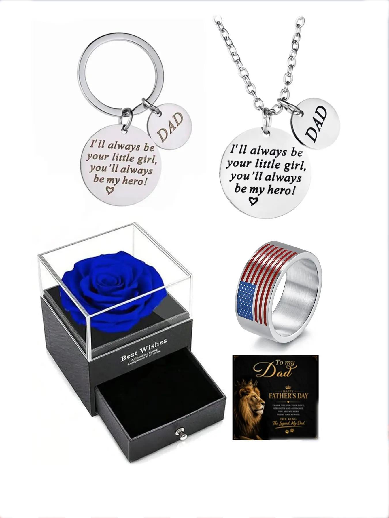Father's Day gift set, necklace and keychain, American flag ring, lion greeting card, blue rose gift box, perfect for Christmas, birthdays, Memorial Day.