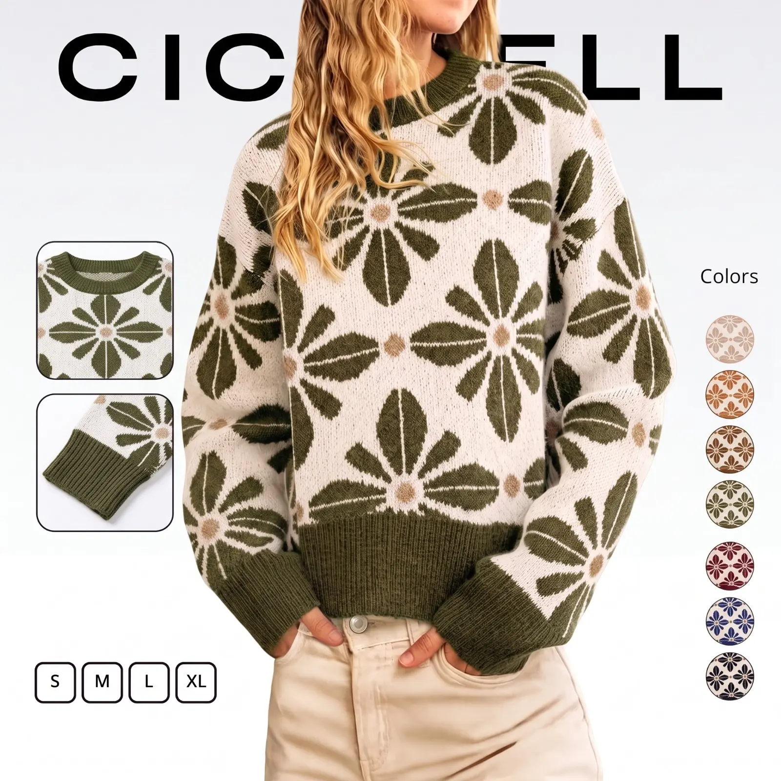 Cicy Bell Women's Long Sleeve Floral Sweater Crew Neck Pullover Knit Tops | Drop Shoulder, Loose Fit, Ribbed Knit, Loose Fit, Fall Winter