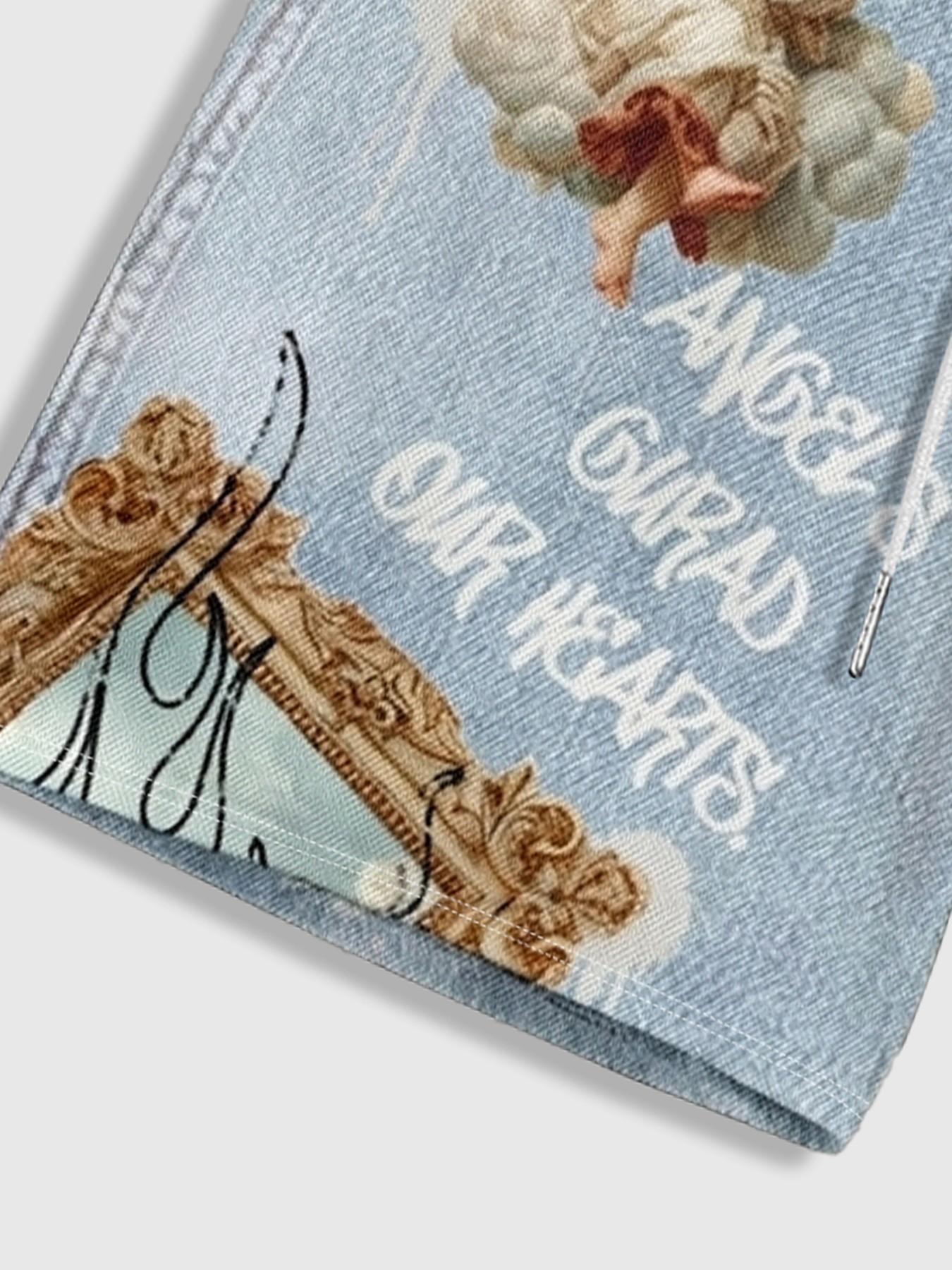 New Summer Retro Angel Print Shorts, Men's Street Graffiti Loose Fit Casual Shorts, Trendy Graphic Design for Daily Wear