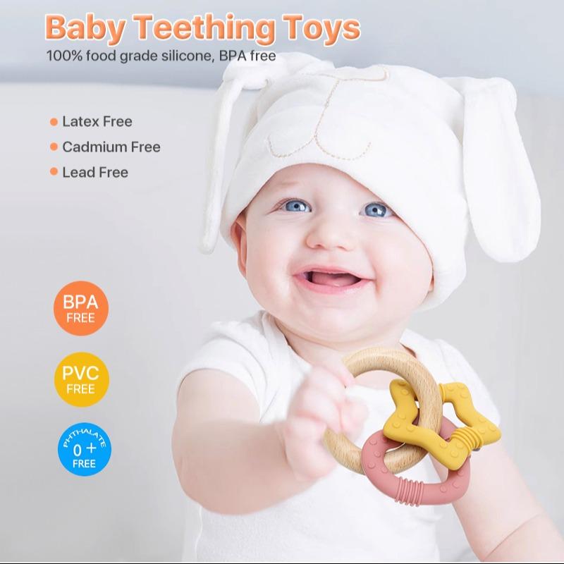 Baby Silicone Wooden Teething Toy, Heart Star Multi Texture Chewable, Infant Soothing Teether, Anti-Sucking Educational Rattle Gift