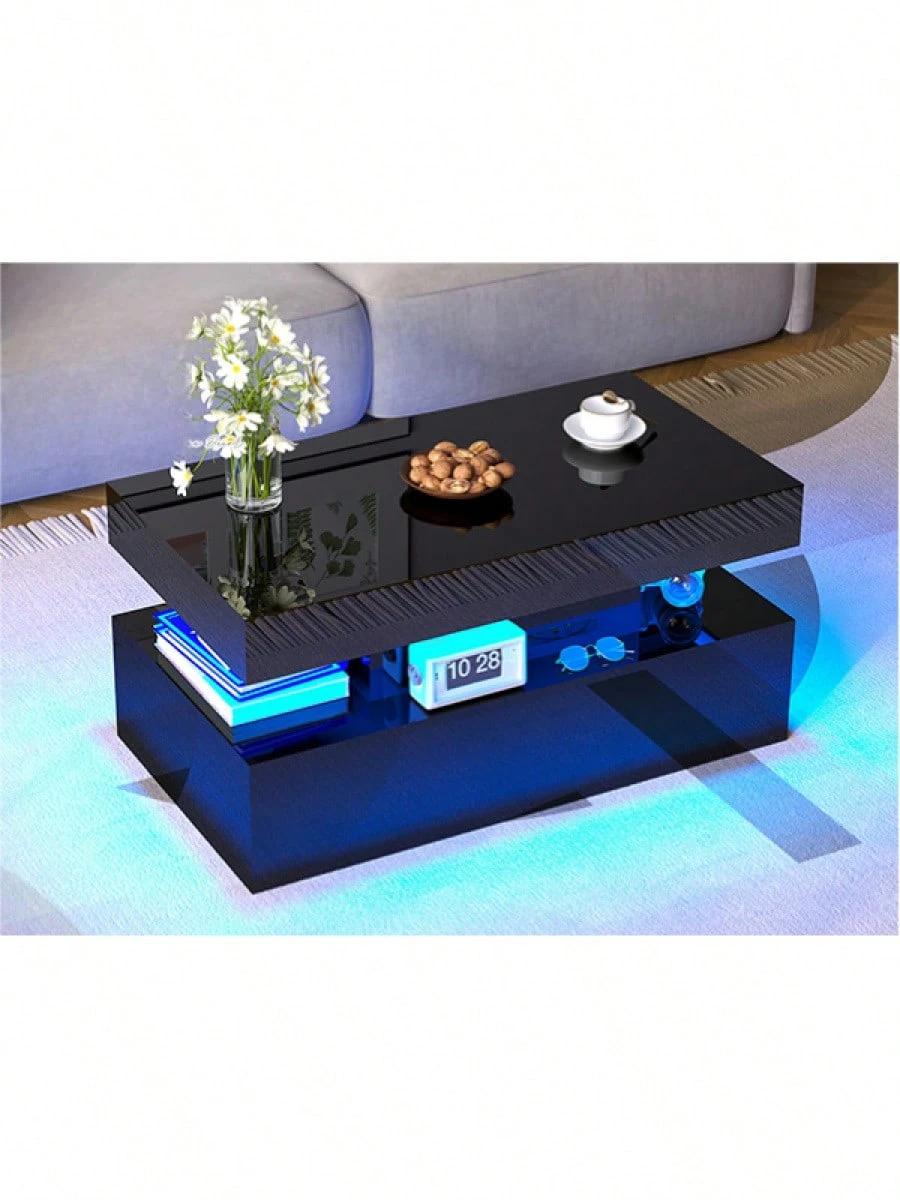 Living Room Coffee Table With LED Light, Modern High Gloss Center Table With Storage