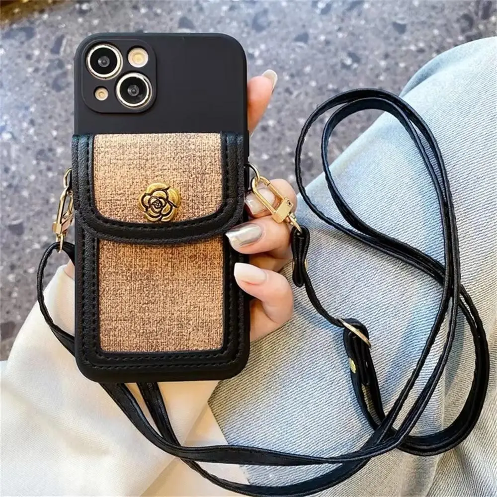 Luxury 3D Camellia Print Leather Card Holder Crossbody Lanyard Soft Case, Mobile Accessories for iPhone 17, 16 Plus, 15, 14, 13, 12, 11 Pro Max Cover, Iphone Series