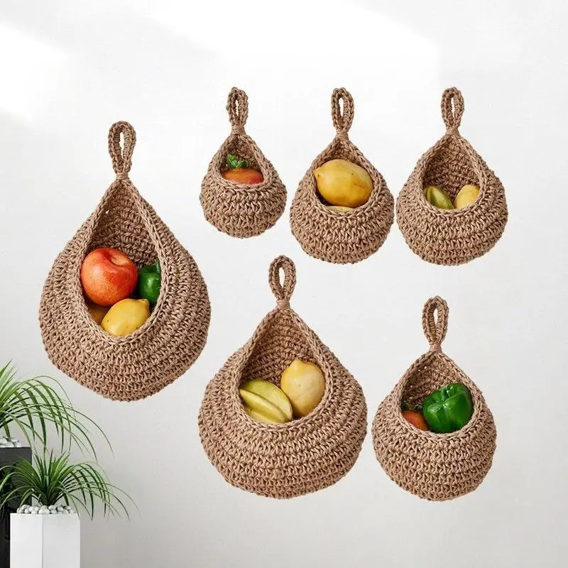 Handmade Cotton Rope Woven Droplet Bird Nest Wall Hanging Storage Net, Jute Tone Wall Organizer Basket for Fresh Fruits & Vegetables