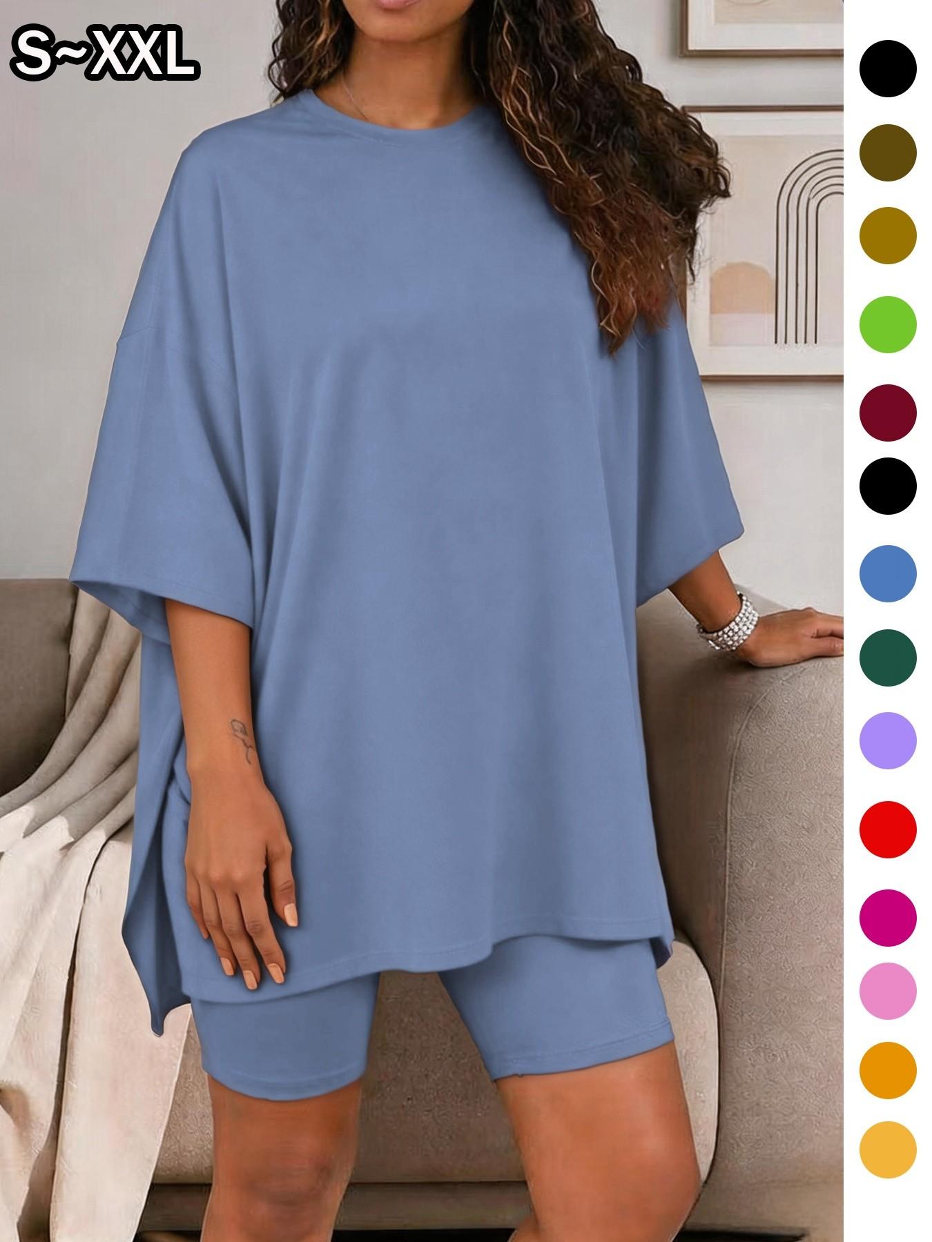 Women's Solid Color T-Shirt and Tight Shorts Set Loungewear, Summer Comfort Round Neck Pajamas, Casual Pocket Design, Suitable for Outdoor Wear