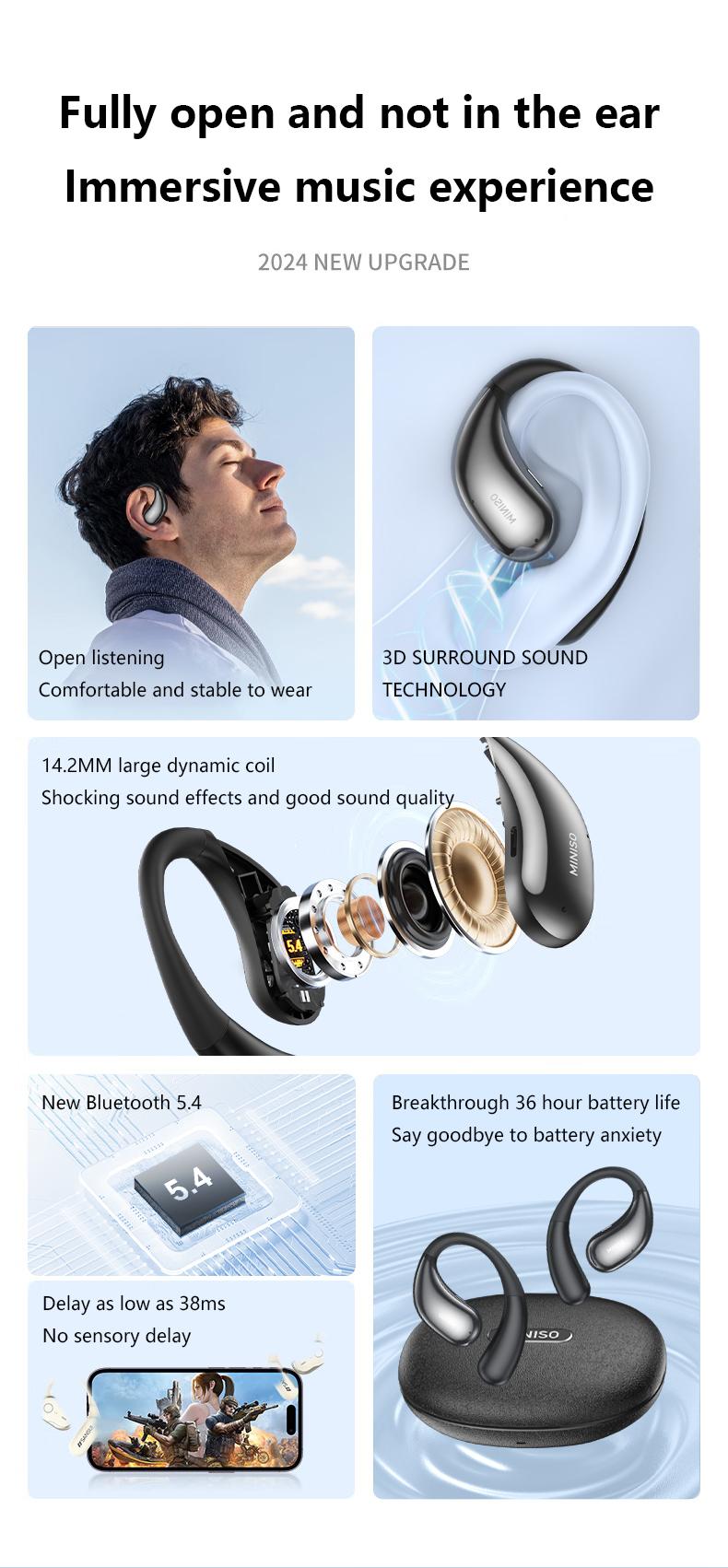 MINISO X69 OWS Wireless Headphones Open Ear Earbuds Bluetooth 5.4,Earphones HiFi Sound Headset with Charging Case Audio Electronic