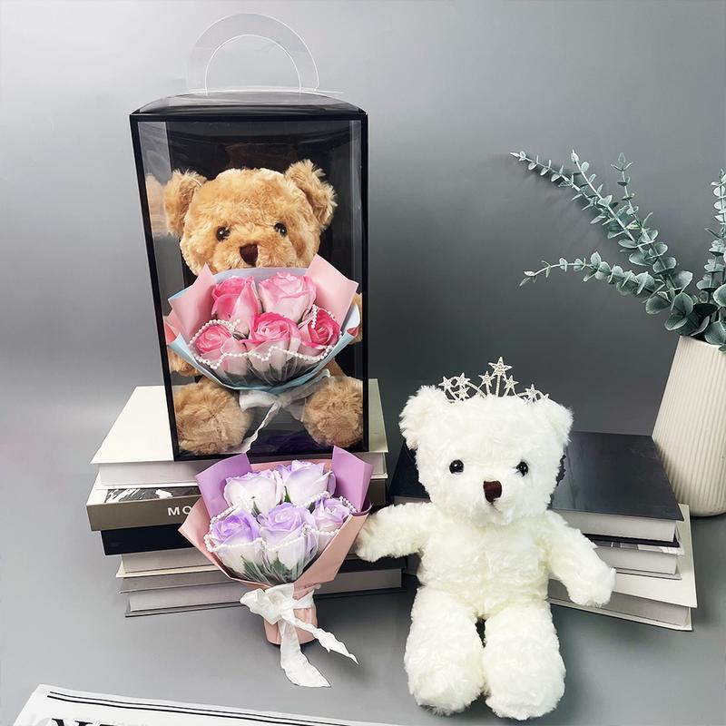 Bear Design Plush Toy with Artificial Flower, 2 Counts Cute Bear Holding Flower Ornament, Desktop Decoration for Home Living Room Bedroom, Gifts