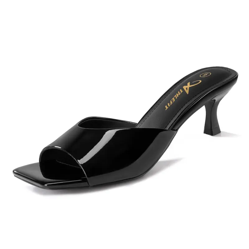 Athlefit Women's Elegant Casual Kitten Heel Sandals - Square Open Toe, 1.97-in Low Heel, Anti-Slip Thermoplastic Rubber Sole, Cushioned Plush Fabric Slip-On Walking Shoes