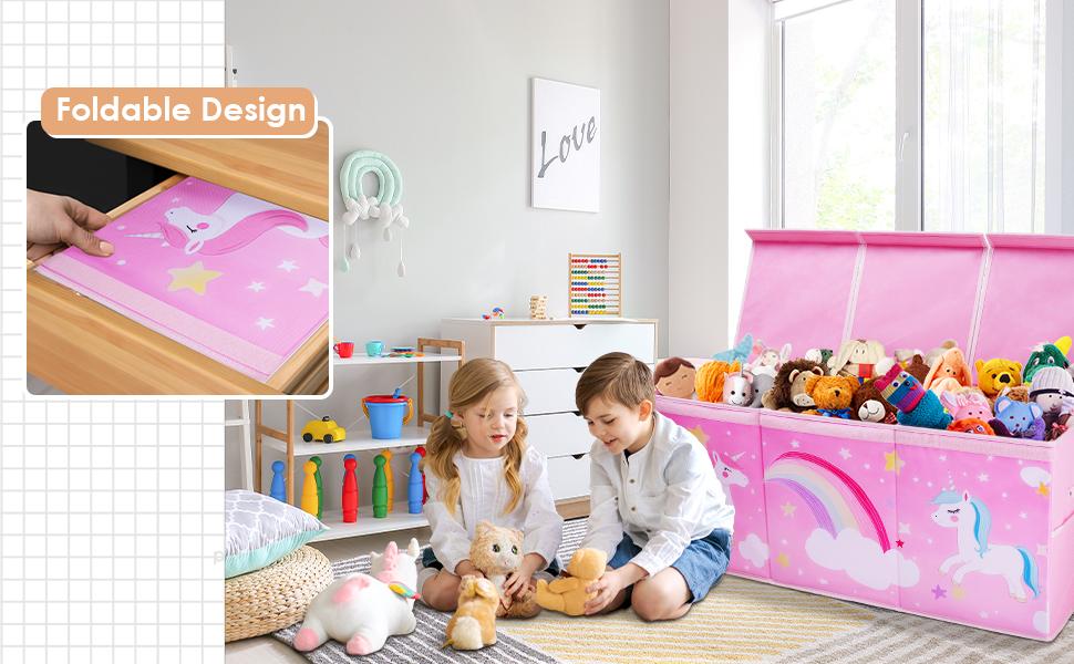 Unicorn Extra Large Toy Box Chest with Flip Lid for Kids, Collapsible Oxford Toy Storage Box with Handles Mesh Pockets, Sturdy Waterproof Toy Box for Bedroom Playroom, 37.7×12.5×15.7 Inch
