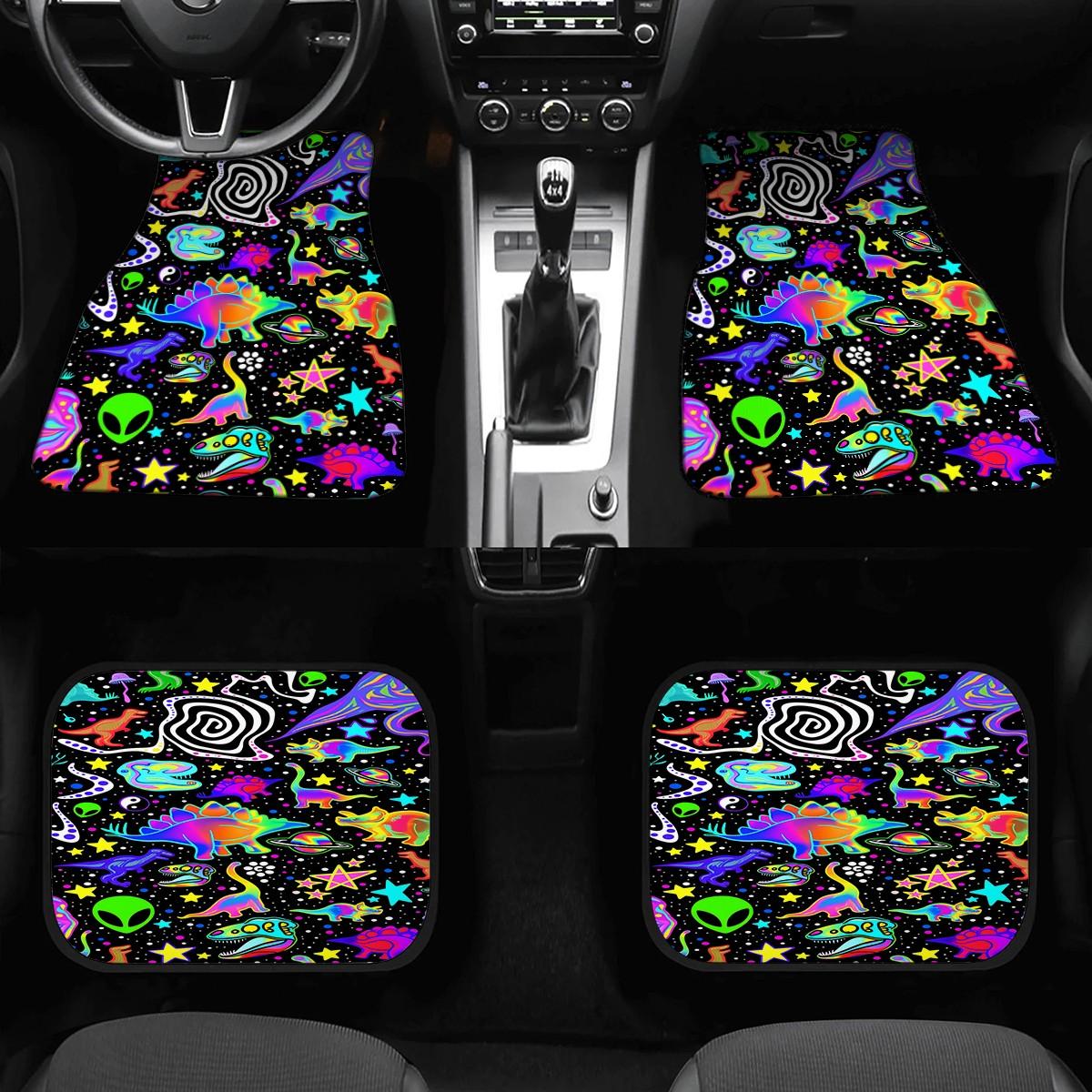 4pcs Y2K Neon Dinosaur Alien Car Floor Mats, Anti-Slip Polyester, Durable Absorbent, Easy to Clean, Suitable for Trucks Vans Suvs
