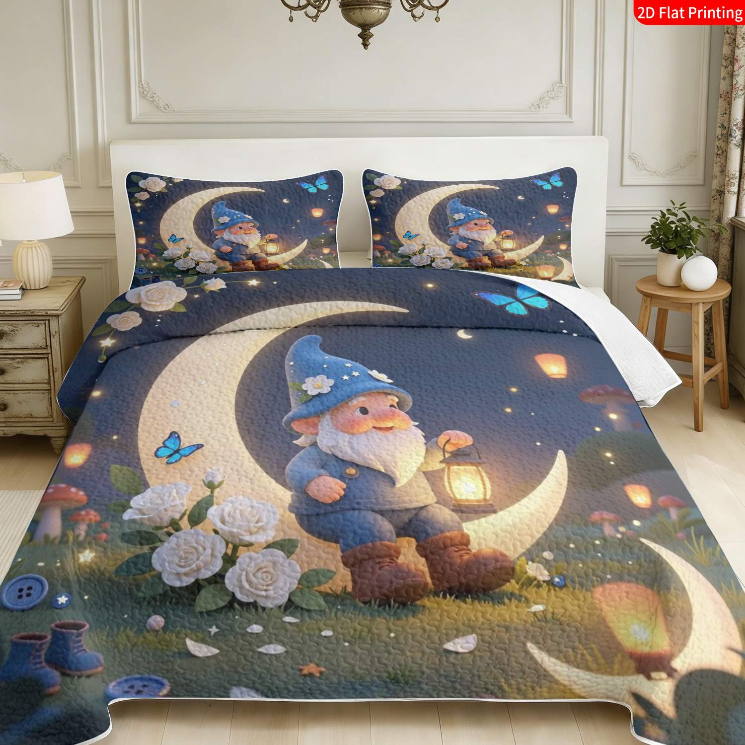 3 pcs, 2D flat print Cute Gnome Moonlight bed cover set, Enchanted Night Garden theme, multiple sizes available, bedding set, festive decorative bedding, ideal for bedroom decor(1 bedspread , 2 pillowcases)