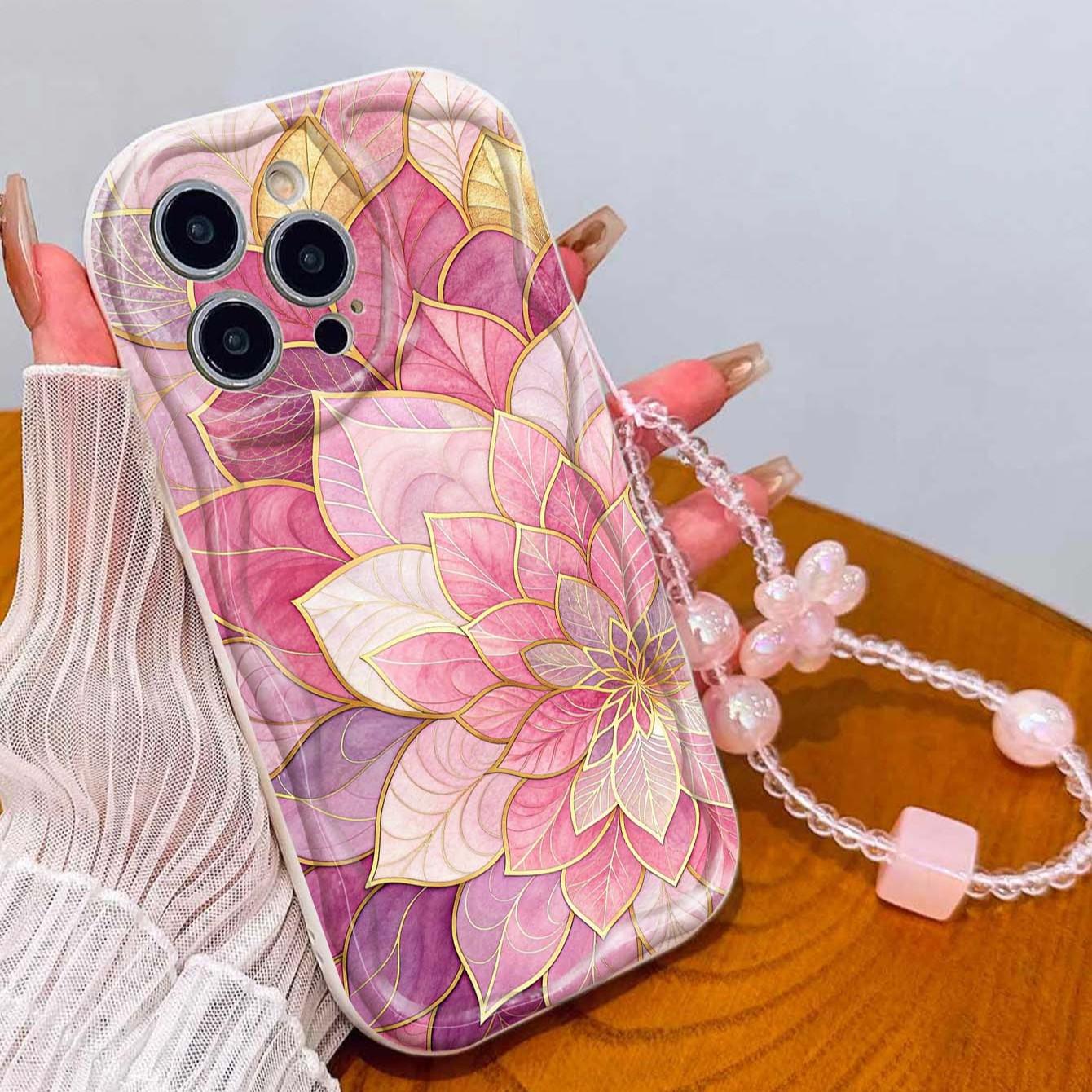 Gold Mandala Flower Tpu Phone Case with Lanyard, Shockproof Wave Edge, Compatible with Apple iPhone Models, Perfect Gift for Girls