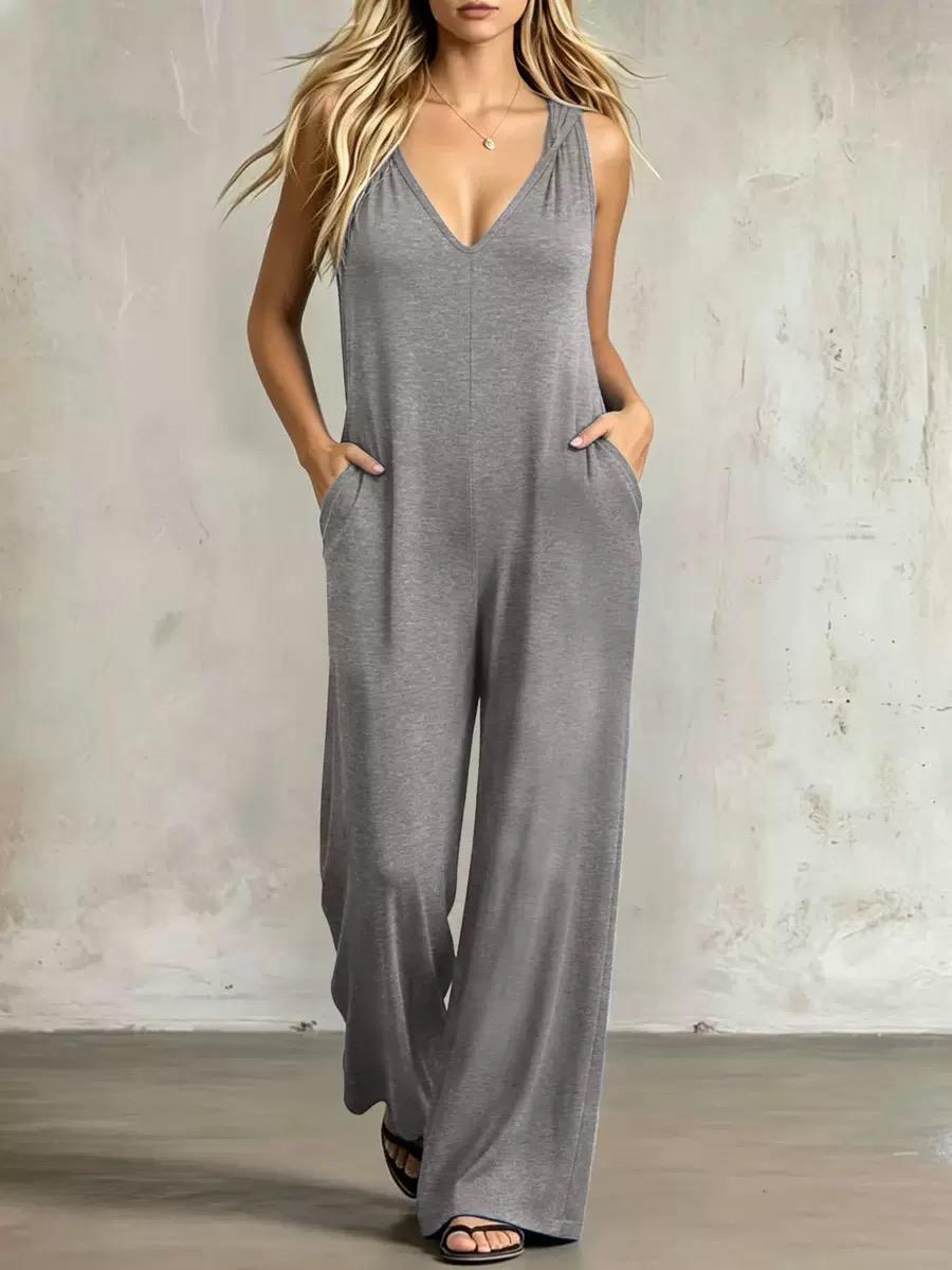 T7001 Women Soft Casual Loose Loungewear Hooded One Piece Jumpsuit, Sleeveless V Neck Wide Leg with Pockets, Ideal for Summer Holiday & Daily Active Wear.