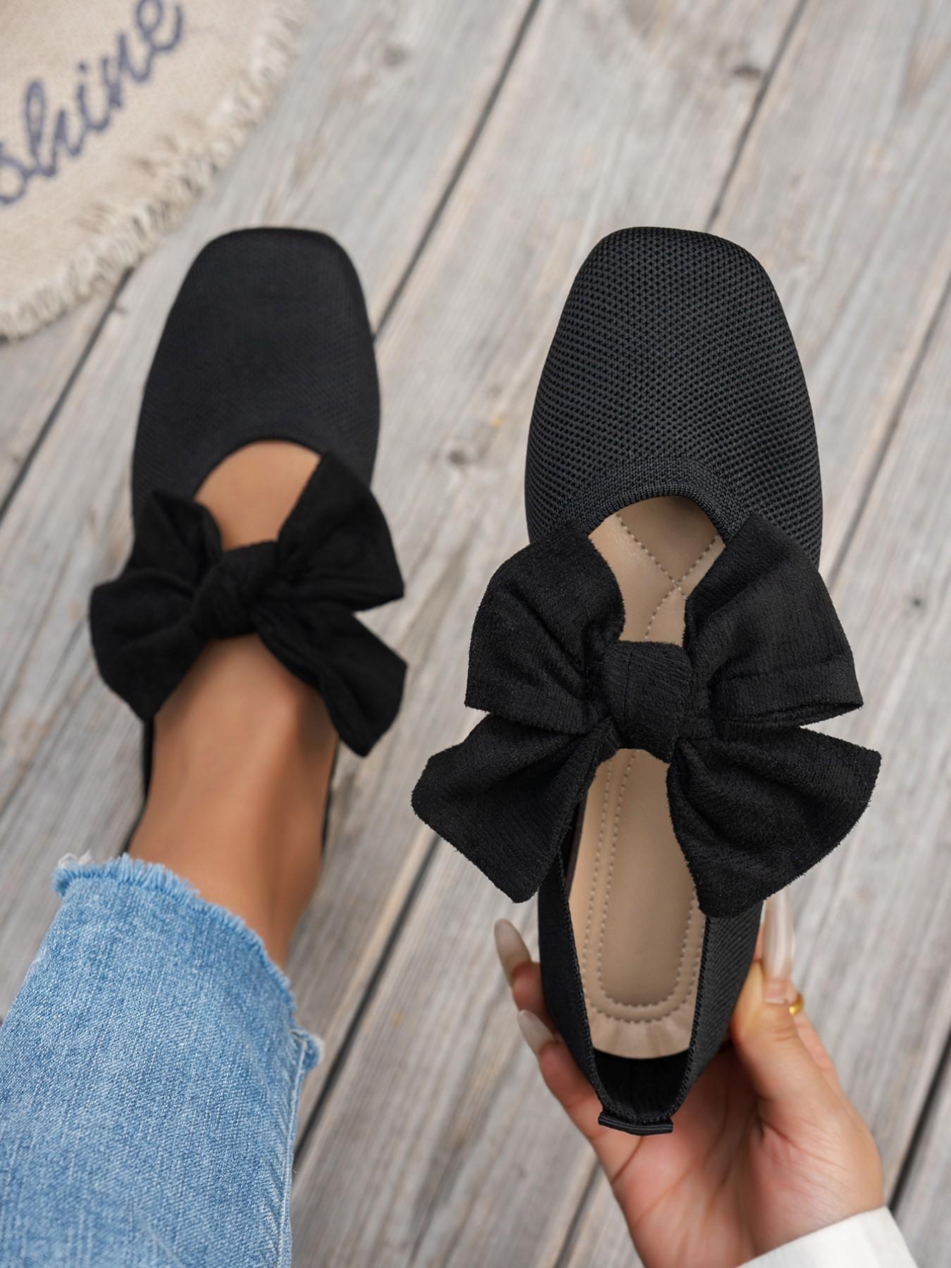 Women's Knitted Shoes, Retro Square Toe Mary Jane Flats, Comfortable Low Heel Single Shoe, Fashion Commuter Shoes with Large Bow Decor Women's Knitted Shoes, Retro Square Toe Mary Jane Flats, Comfortable Low Heel Single Shoe, Fashion Commuter Shoes with Large Bow Decor