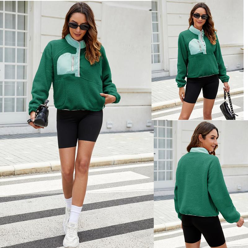Buenoble Womens Fuzzy Fleece Pullover Sherpa Sweatshirt Long Sleeve Button Down Sweater Winter Fleece Jacket with Pockets