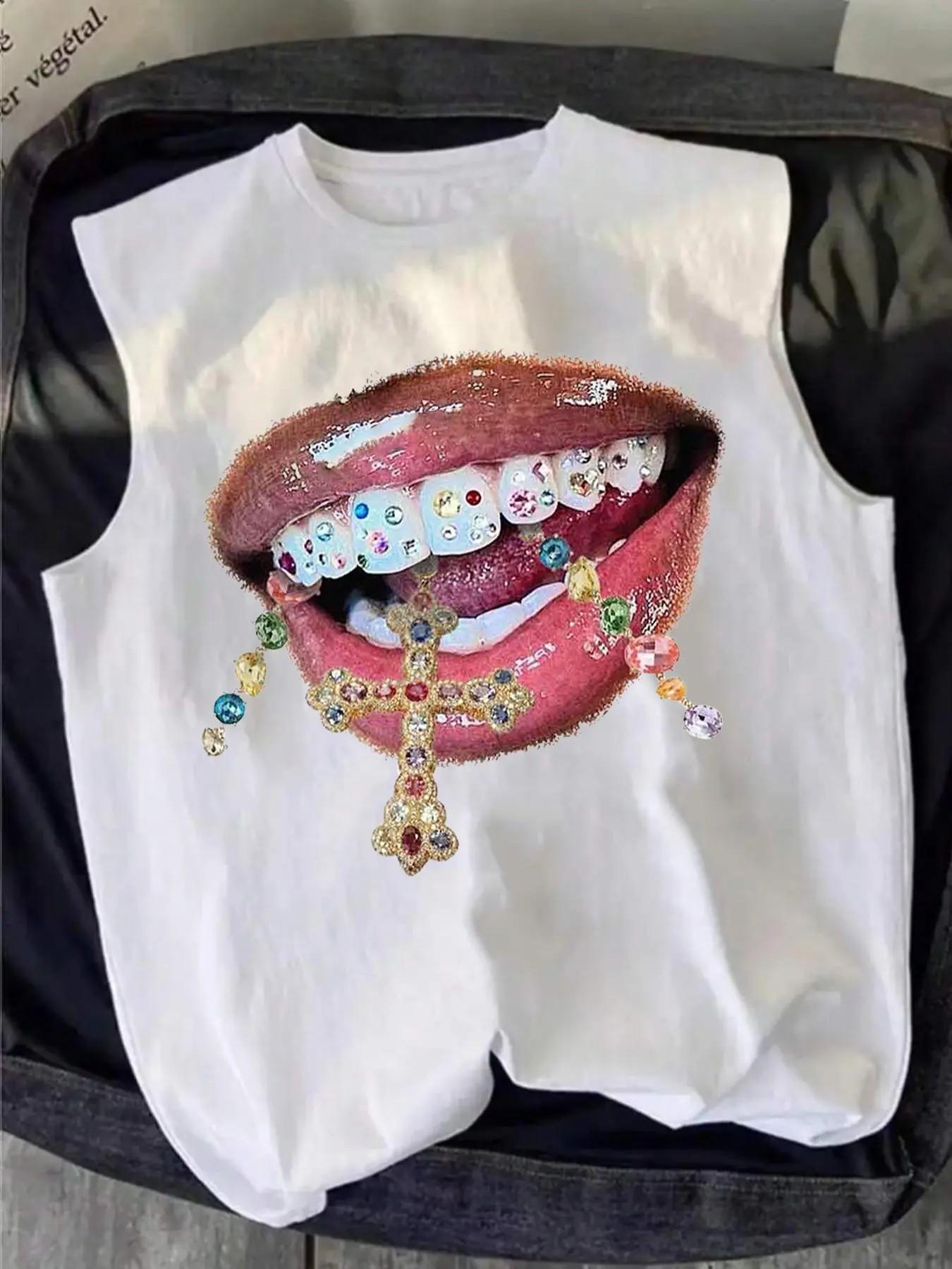 Gothic Sleeveless Top with Rhinestone Lips Cross Jewelry, Fitted Long Casual Graphic Shirt, No Zipper or Button, Made in China