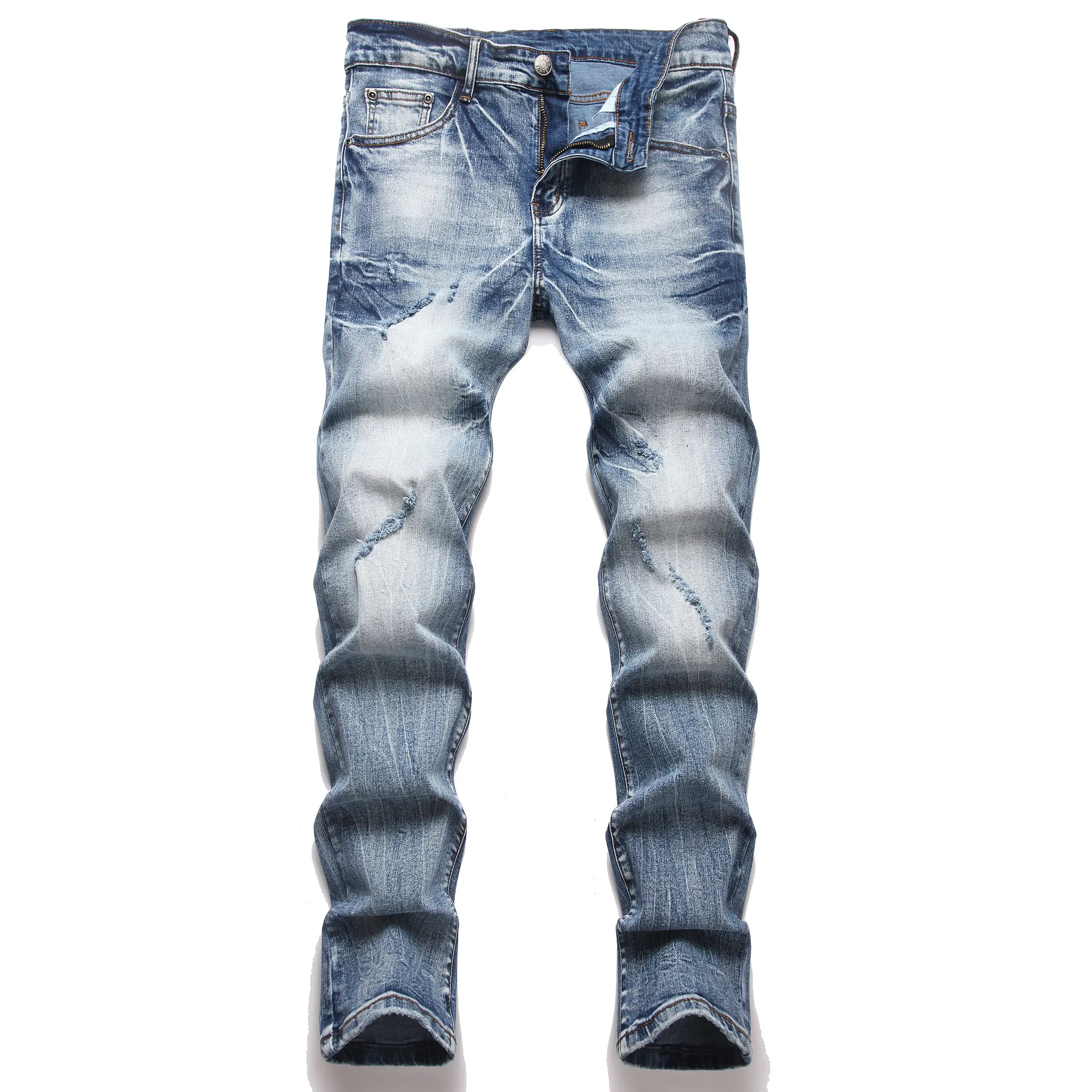 Men's Stretch Slim Fit Jeans Blue Khaki Color Block Ripped Casual Pants