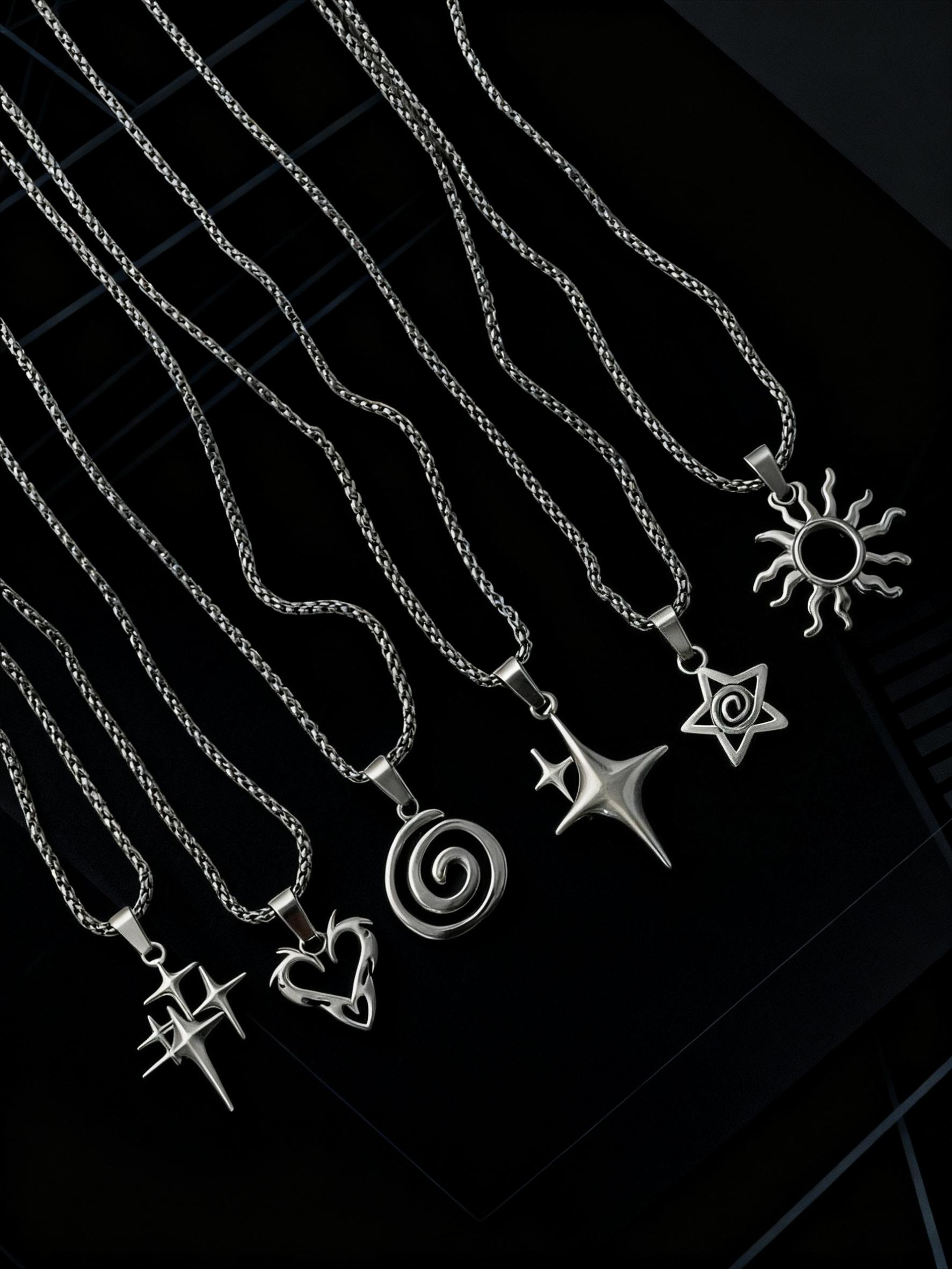 6 Piece Set Y2K Flame Heart Star Spiral Sun Pendant Necklace, Stainless Steel Chain, Punk Simple Unisex Couple Jewelry for Daily Party, Fashionable Jewelry Accessories