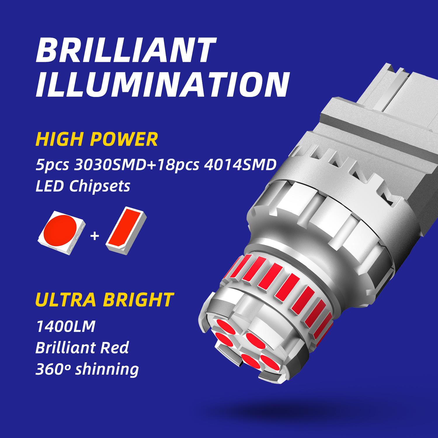 LED Strobe Brake Light Bulb Red, lashing Strobe Blinking LED Tail Light Bulbs for 7440 7443 3156 3157, 300% Brighter Canbus Ready, Plug and Play, Triple Flash LED Stop Bulbs, Off-Road Use Pack of 2, AUTOONE