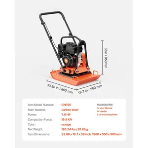 VEVOR Plate Compactor, 7.0 HP Gas Engine, 4451.22 lbf Vibration Compaction Force, 432 sq. in Plate, 5400 RPM Power Tamper, Ground Compactor Rammer for Dirt, Gravel, Asphalt, Foundation, EPA Compliant