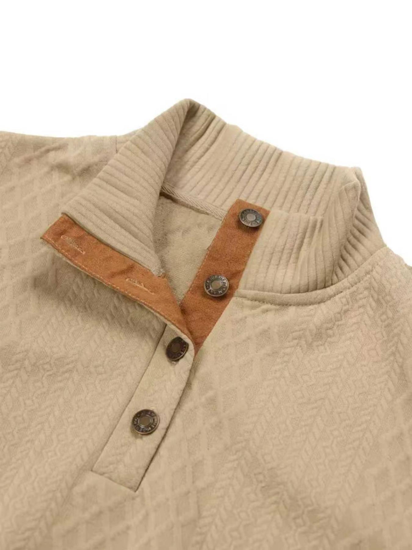 Men's Casual Sweater, Leather Patchwork Stand Collar Button Design Elbow Patches, Warm Sweatshirt for Fall & Winter Seasons