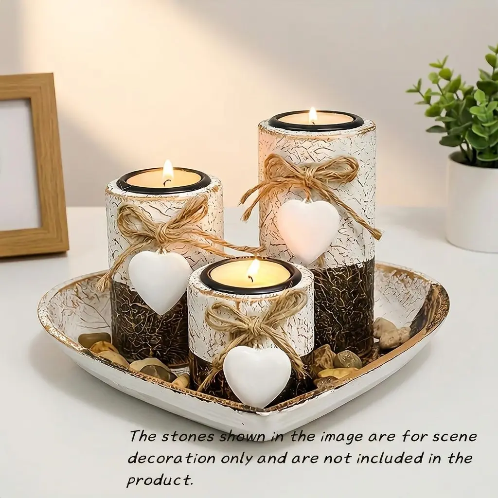 Valentine Heart Wooden Candlestick Set, Candlesticks, Rustic Farmhouse Style, Decorative Rope Knots & Stones, Tabletop Decoration, Candle Holder, Home Decor, Decoration Items