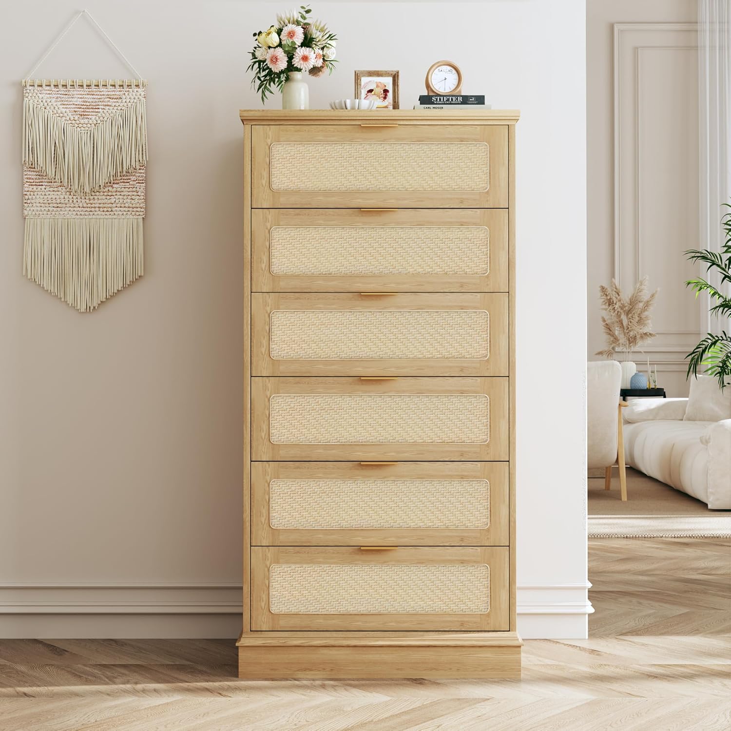 6-Drawer Tall Dresser with Woven Rattan Front – Boho Style Wood Chest of Drawers for Bedroom, Natural Finish Storage Organizer Cabinet