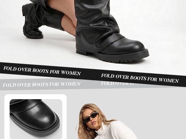 Athlefit Women's Slouchy Fold Over Boots Wide Calf Chunky Platform Low Heel Square Toe Pull On Mid Calf Boots