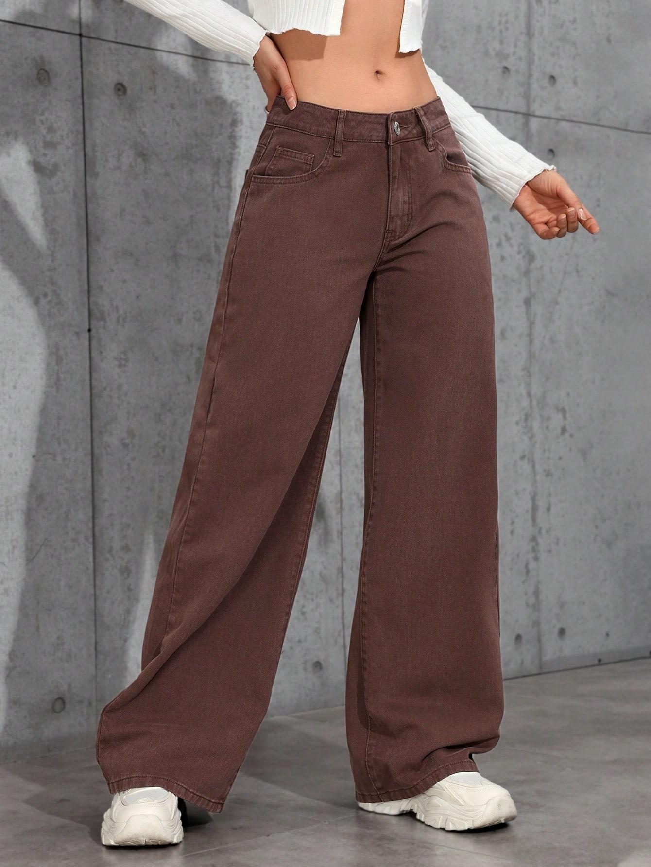 Women's Mid-Waist Wide Leg Straight Denim Jeans, Trendy Coffee Casual Fashion, Zipper Fly, Pockets, All Seasons, Pants
