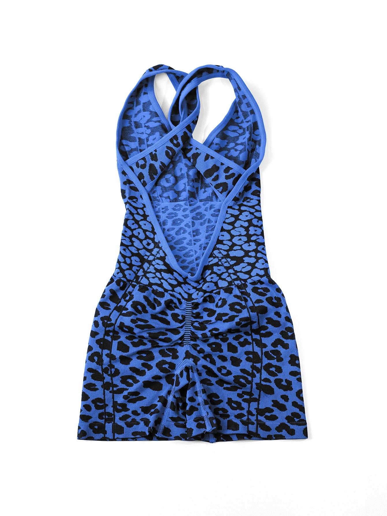 Women's Sporty Jumpsuit, Deep U-Neck Leopard Print, High Waist Fitted, Breathable Yoga Wear, Gym Outdoor Running Training