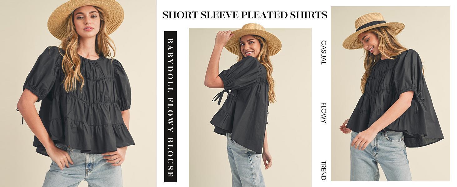 Beotyshow Womens Puff Sleeve Peplum Babydoll Tops Summer Smoked Pleated Cotton T-Shirts Casual Loose Fit Flowy Blouse