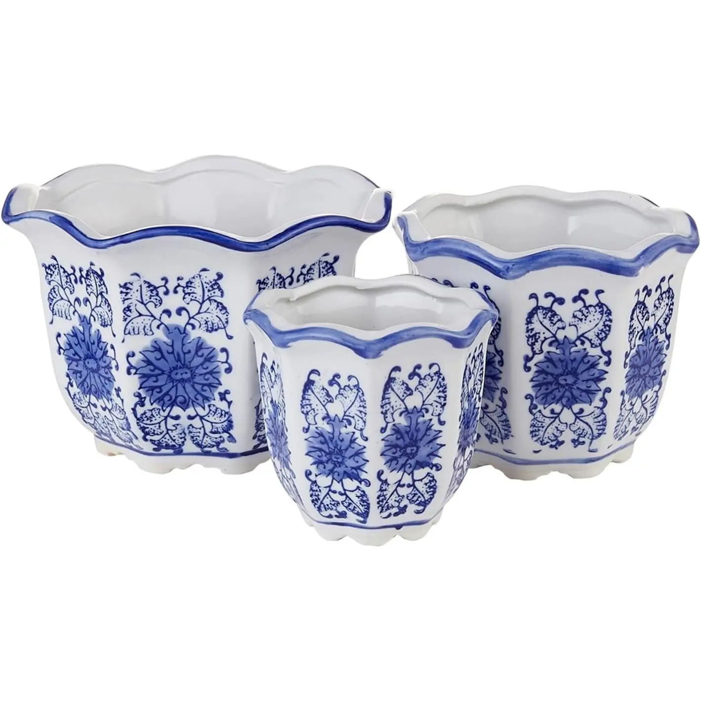 Ceramic Pots for Plants, Chinoiserie Décor Ceramic Flower Pots Planters for Indoor Plants with Drainage, Blue and White, Set of 3