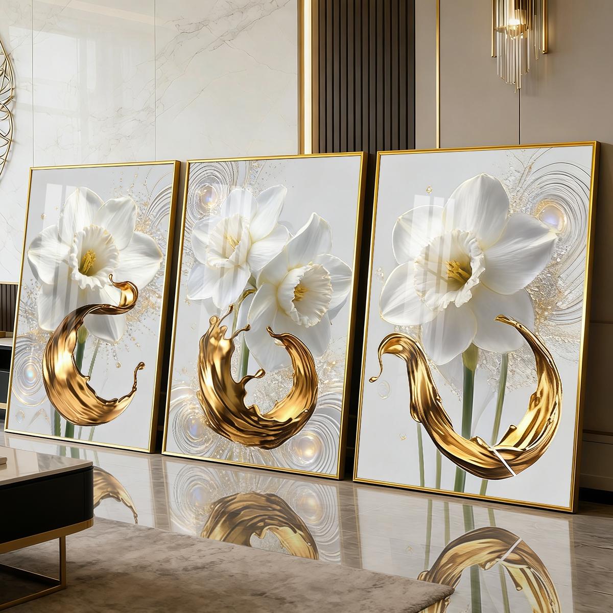 3 Counts Aluminum Alloy Framed Painting, White Daffodil Flowers With Golden Liquid Art Pictures, Home Decoration For Living Room, Bedroom, Office, Restaurant, Hallway Wall Decor, Odorless Print Artwork, Luxury Perfect Gift For Friends And Family