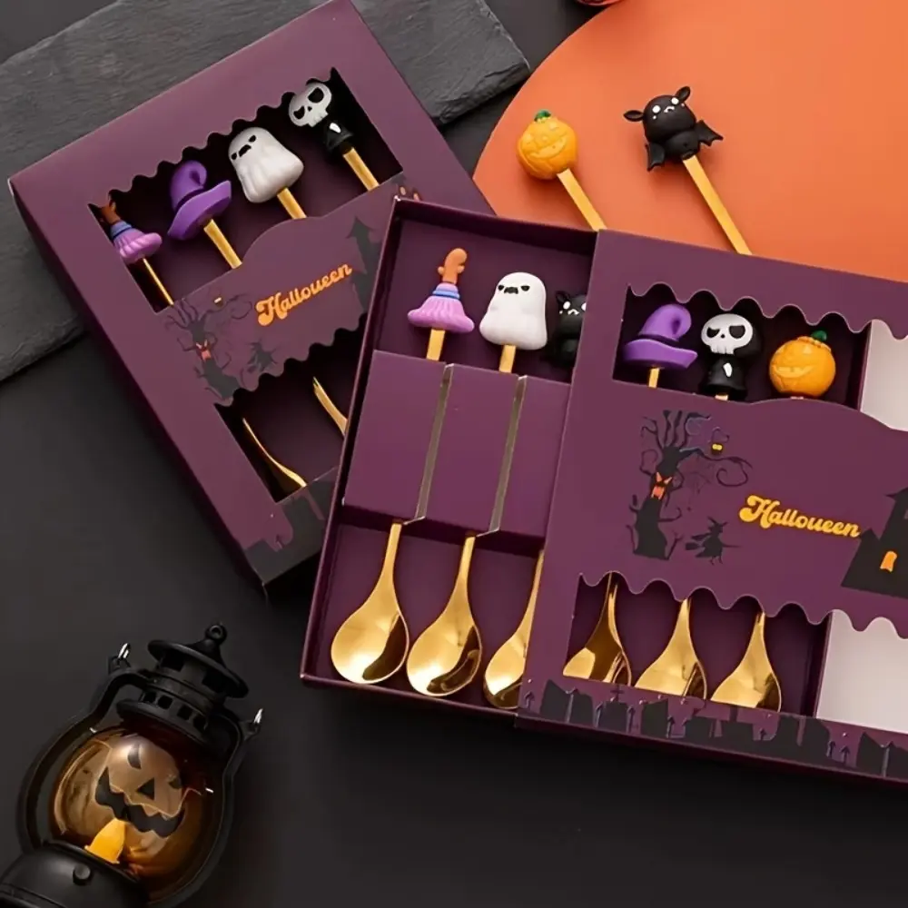 4pcs/6pcs Stainless Steel Spoon and Fork Set, Creative Halloween Spoon and Fork Set for Cake, Dessert, and Fruit