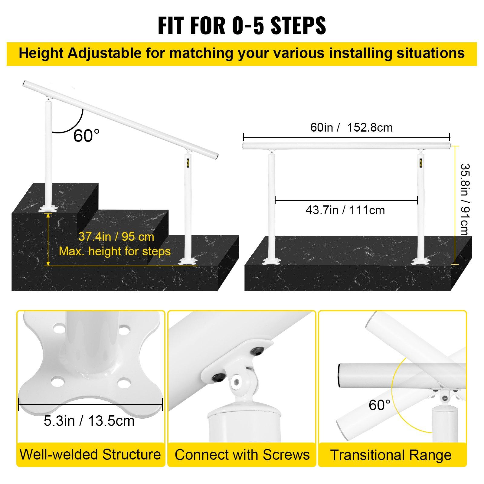 VEVOR Adjustable Aluminum Outdoor Stair Safety Rail Kit, 5 FT Angle-Adjustable Handrail for 0-5 Steps, White Safety Rail for the Elderly