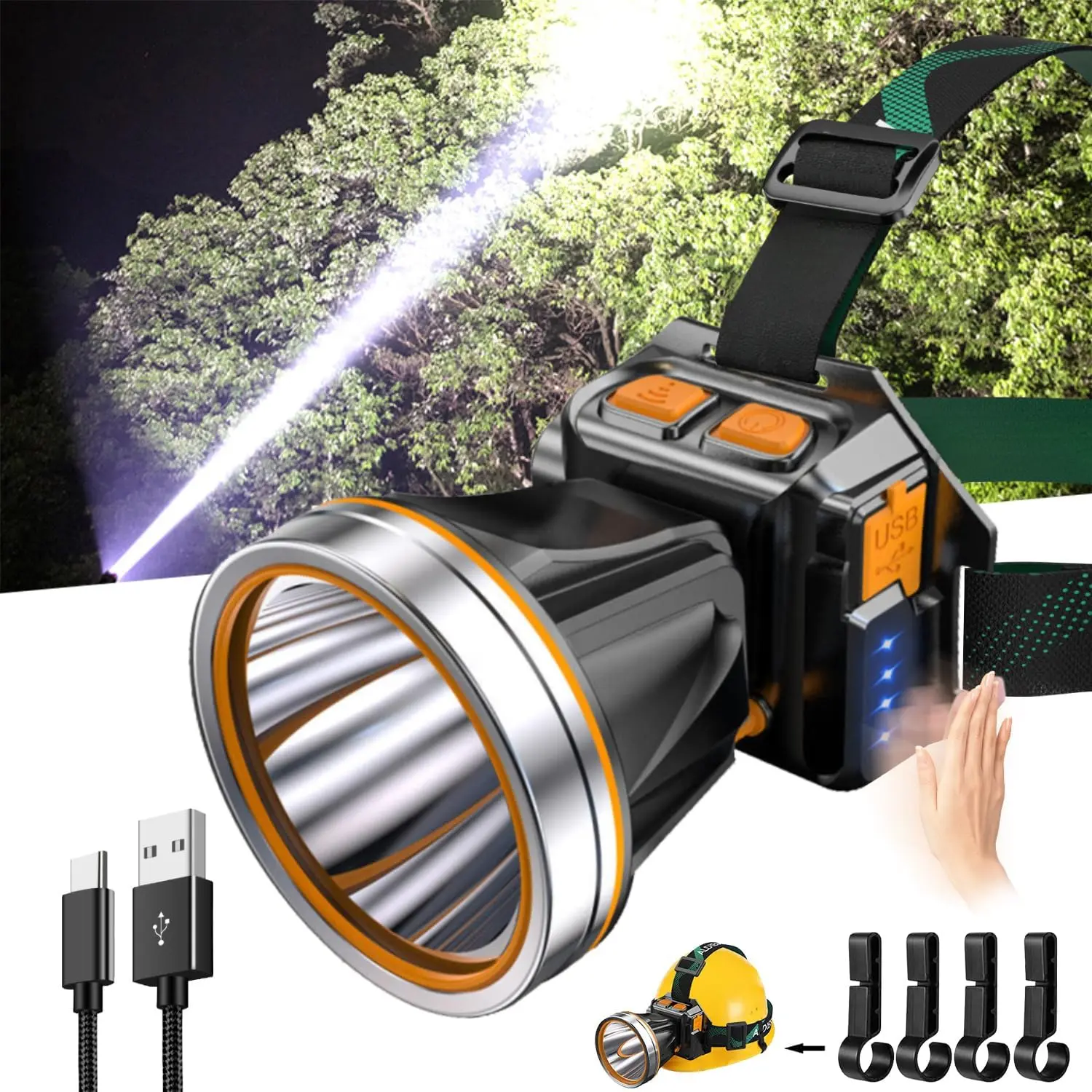 High Power LED Headlamp Super Bright Adult Motion Sensor Headlight Spotlight Waterproof Rechargeable Outdoor Hunting Light Flashlight Portable Head lamp for Fishing Camping Hiking