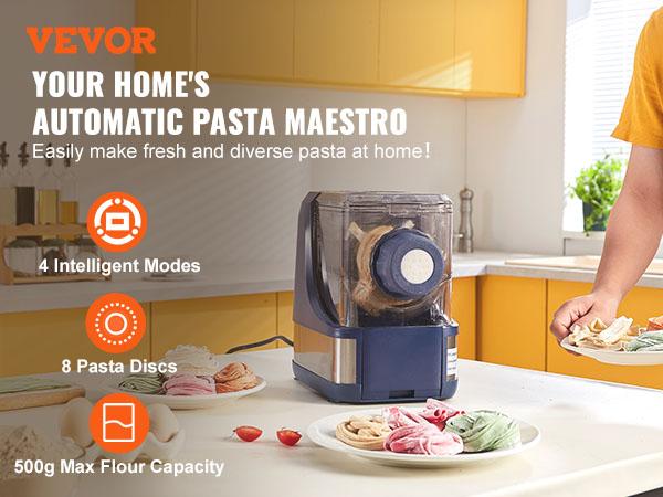 VEVOR Electric Pasta Maker, 150W Automatic Noodle Maker Machine with 8 Pasta Shapes, 4 Intelligent Modes, 500g Flour Capacity Pasta Maker Machine with Measuring Cups, Cleaning Brush for Home Kitchen