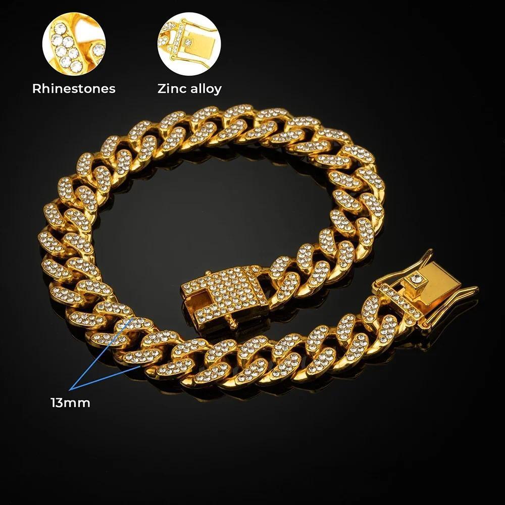 1/2Pcs Dog Chain Diamond Cuban Collar Walking Metal Chain Collar With Design Secure Buckle Pet Cat Cuban Collar Accessories