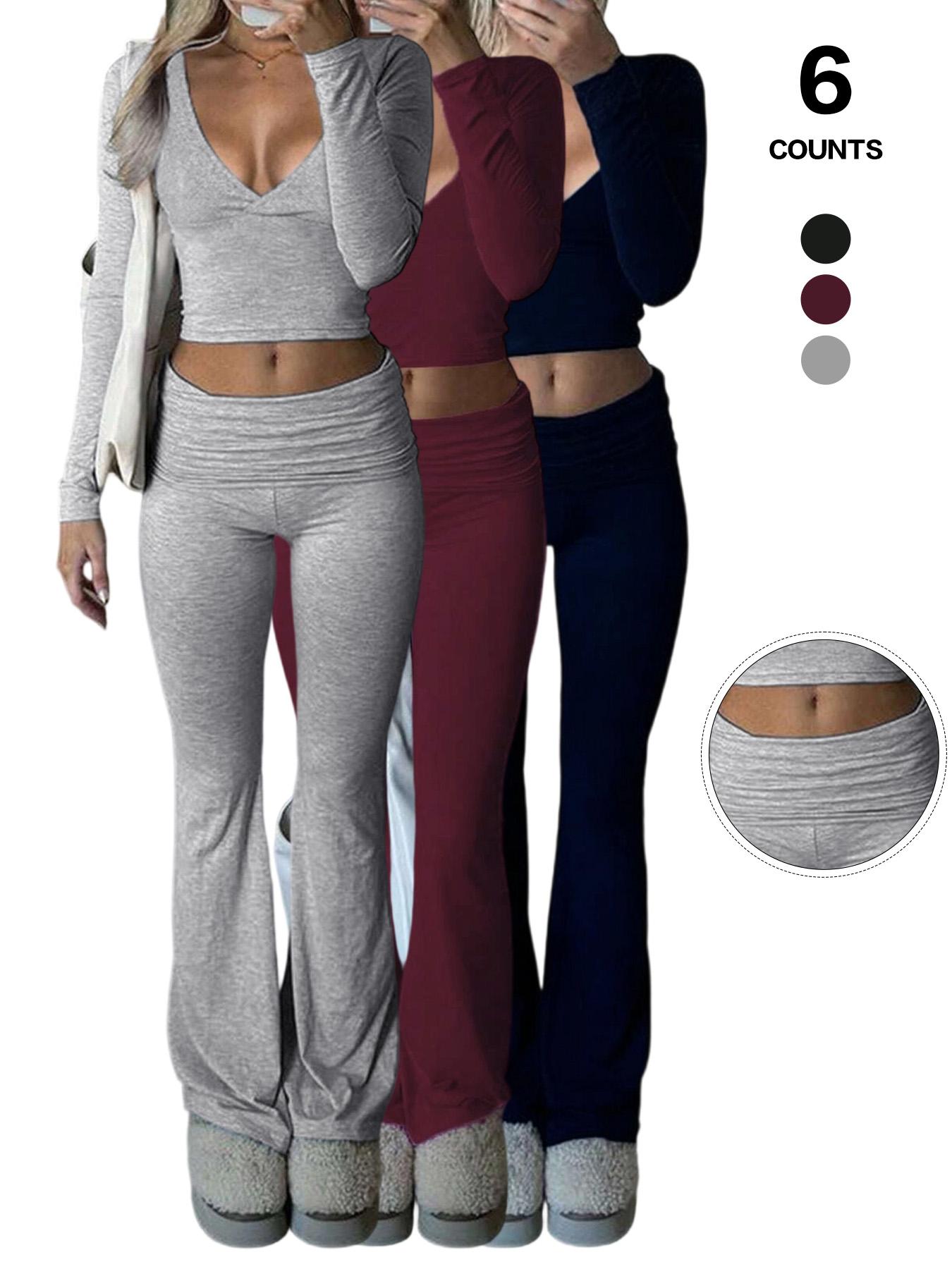 Women's 2 Piece Matching Set Long Sleeve Deep V Neck Crop Top and Foldover Flare Leggings Yoga Outfit,Women's 2 Piece Matching Set Long Sleeve Deep V Neck Crop Top and Foldover Flare Leggings Yoga Outfit Yoga Bottoms,Airport Outfit, Flare Leg Sports