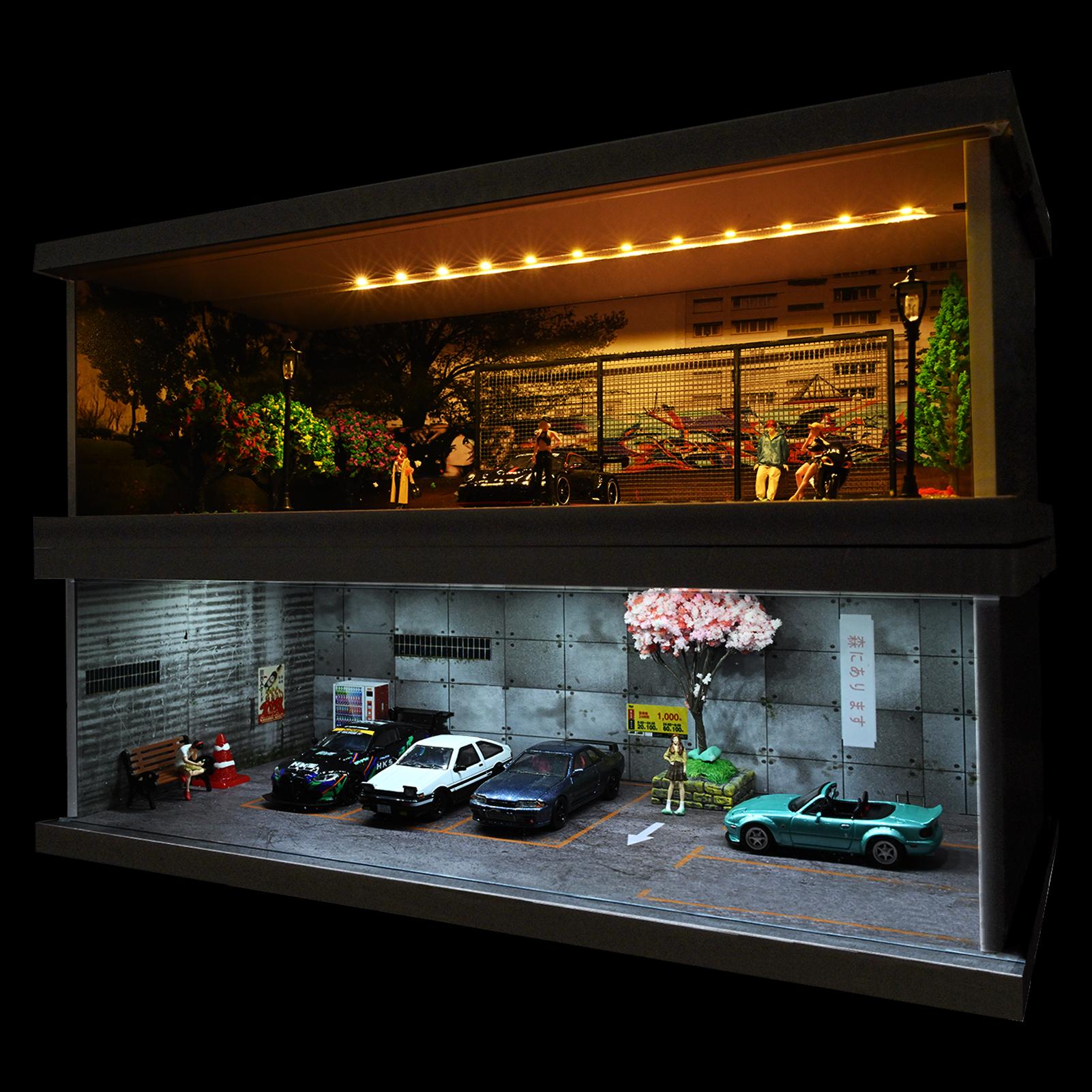 Diorama 1:64 Scale Car Garage Model With LED Lighting Fits For 1/64 Hot Wheels Diecast Model Car City Street Car Parking Lot Backdrop Display Model  Collection Toy Gift with Acrylic Dust Door