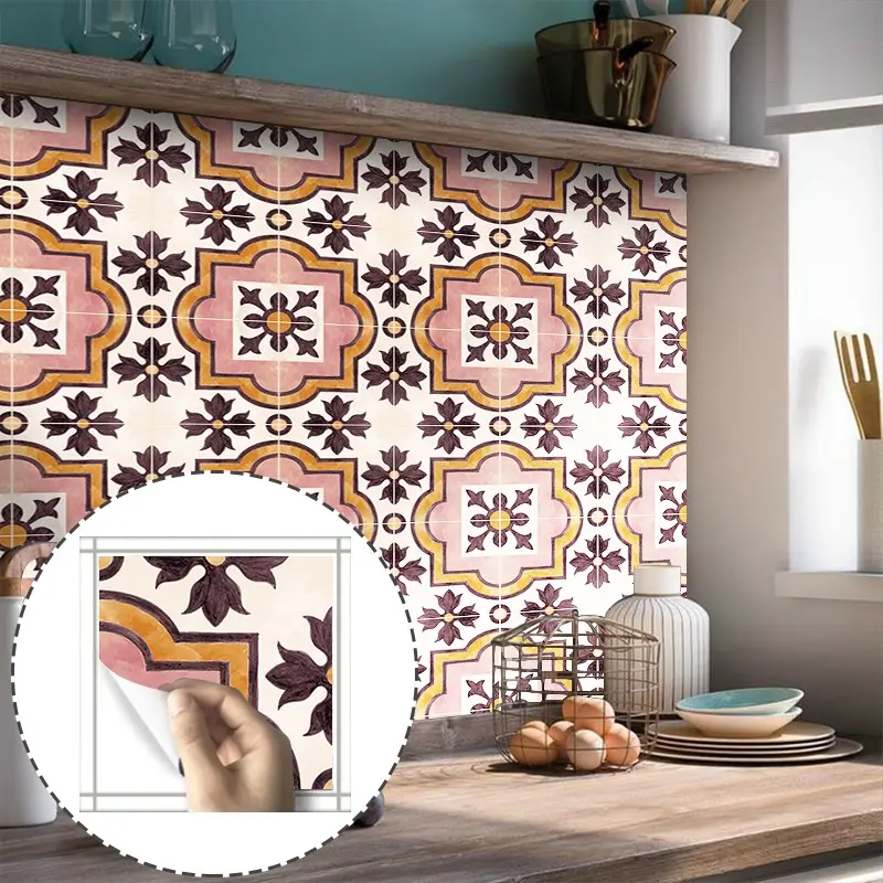 Vintage Moroccan Tile Vinyl Self-Adhesive Wall Floor Stickers, Set of 10, 5.91x5.91 Inch, Waterproof, Scratch-Resistant, Removable Home Decor