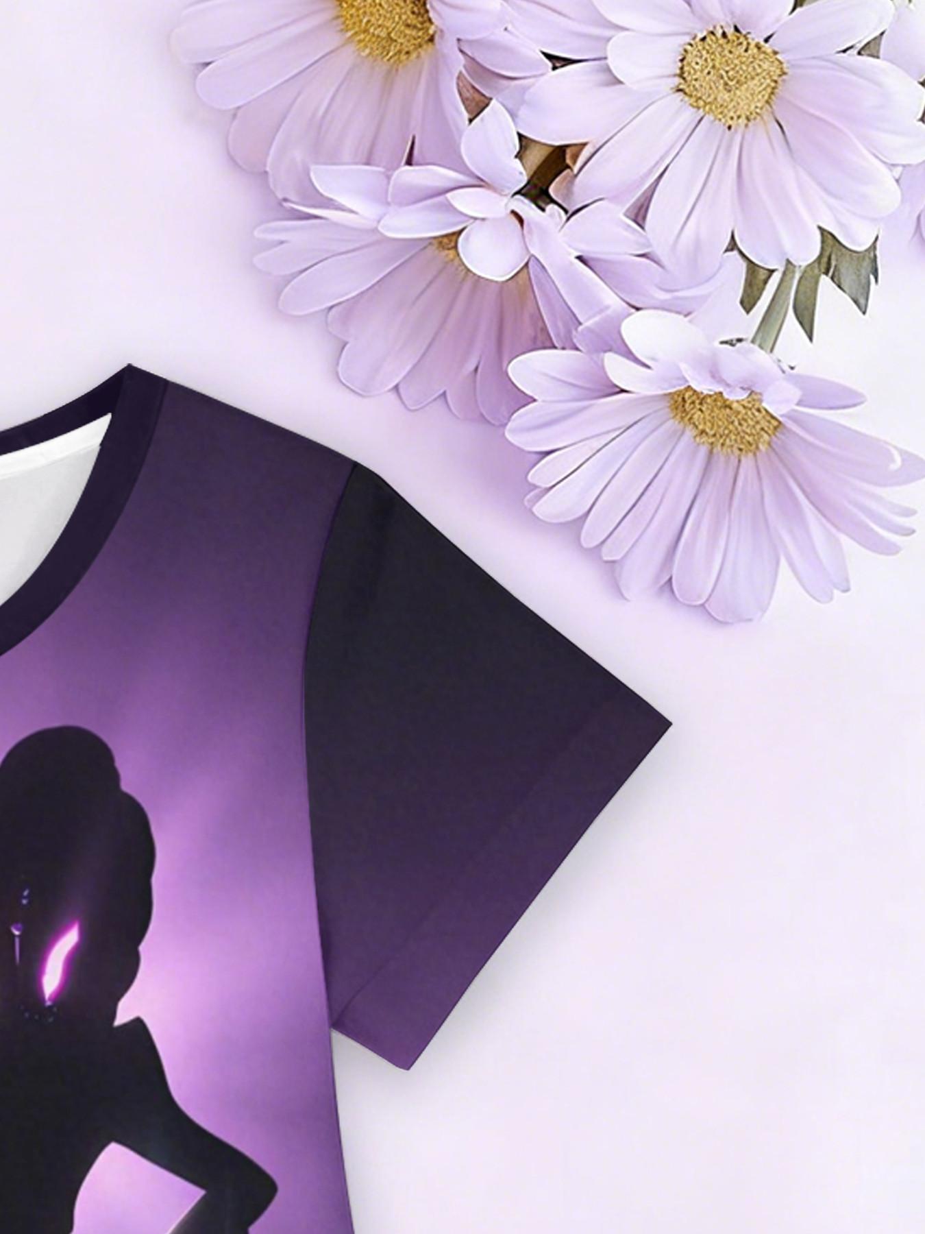 Girls' 3D Short Sleeve Dress, Gradient Kda Idol Full Print, Summer Party Wear, Perfect for Holidays, Birthday Gifts