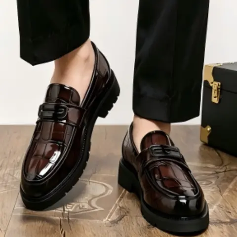 Men's Thick Sole Crocodile Pattern Business Casual Formal Loafers, Height Increasing Non-Slip Rubber Gear Sole, Breathable Gentleman Dress Shoes for Party and Wedding, PU Leather, Business Style Footwear