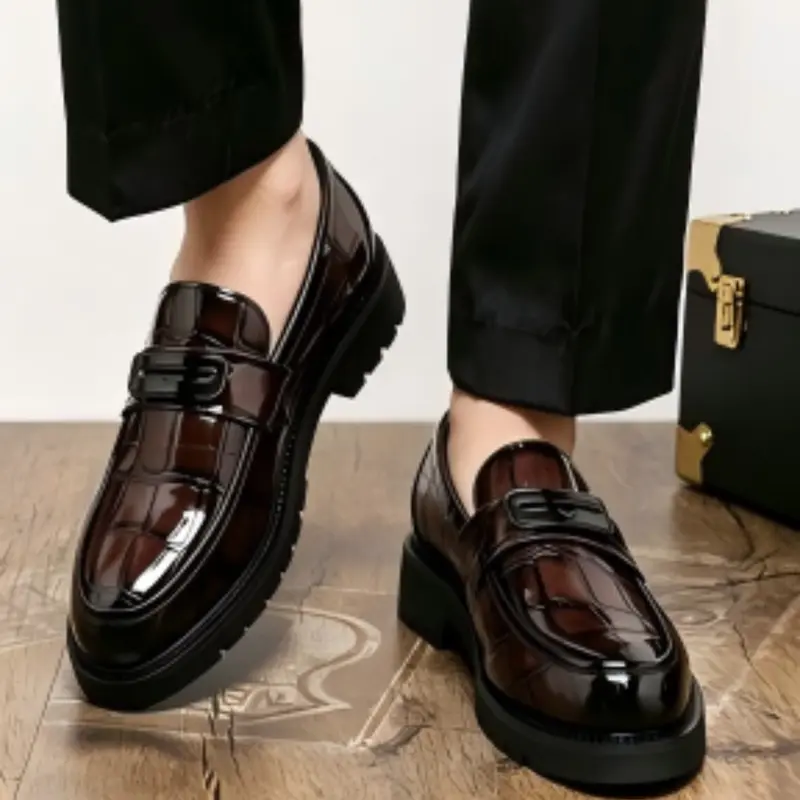 Men's Thick Sole Crocodile Pattern Business Casual Formal Loafers, Height Increasing Non-Slip Rubber Gear Sole, Breathable Gentleman Dress Shoes for Party and Wedding, PU Leather, Business Style Footwear